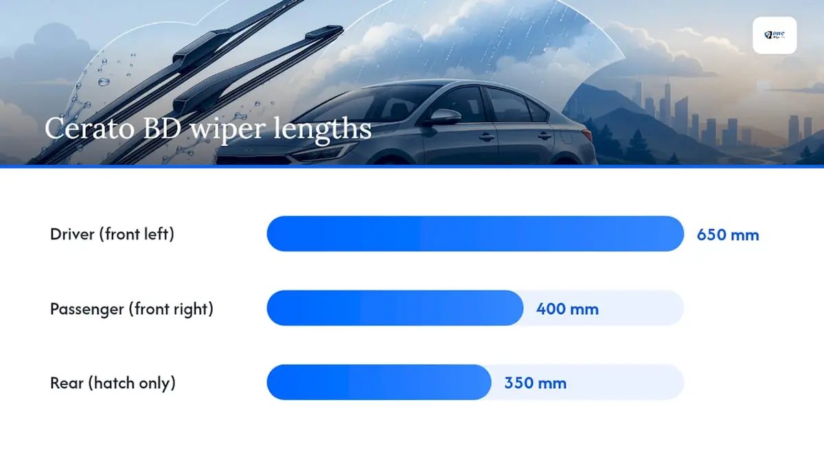 Diagram showing Cerato wiper blade sizes and positions