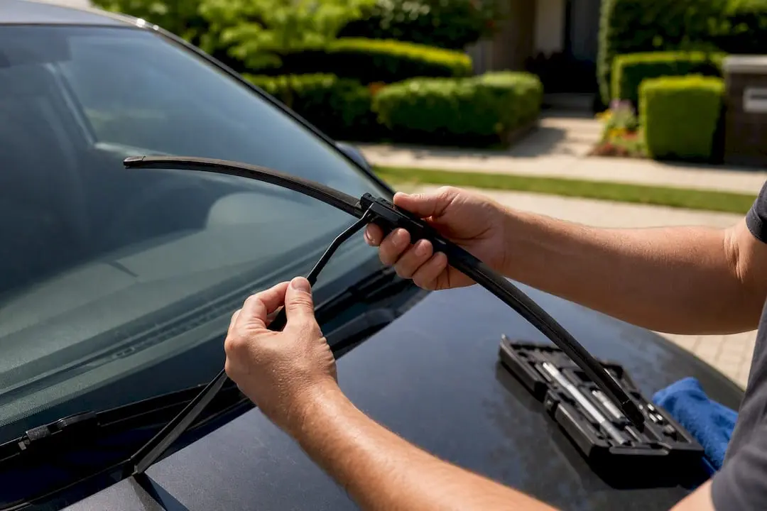 Hands fitting Cerato wiper blade on vehicle arm