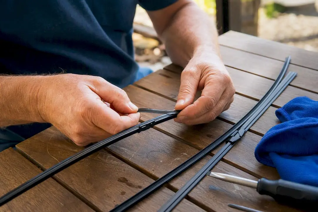 Hands separating rubber from wiper blade frame
