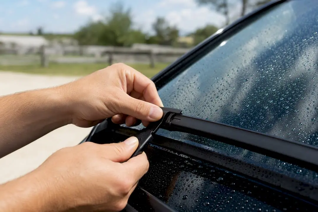 Hands testing windshield wiper on coated glass