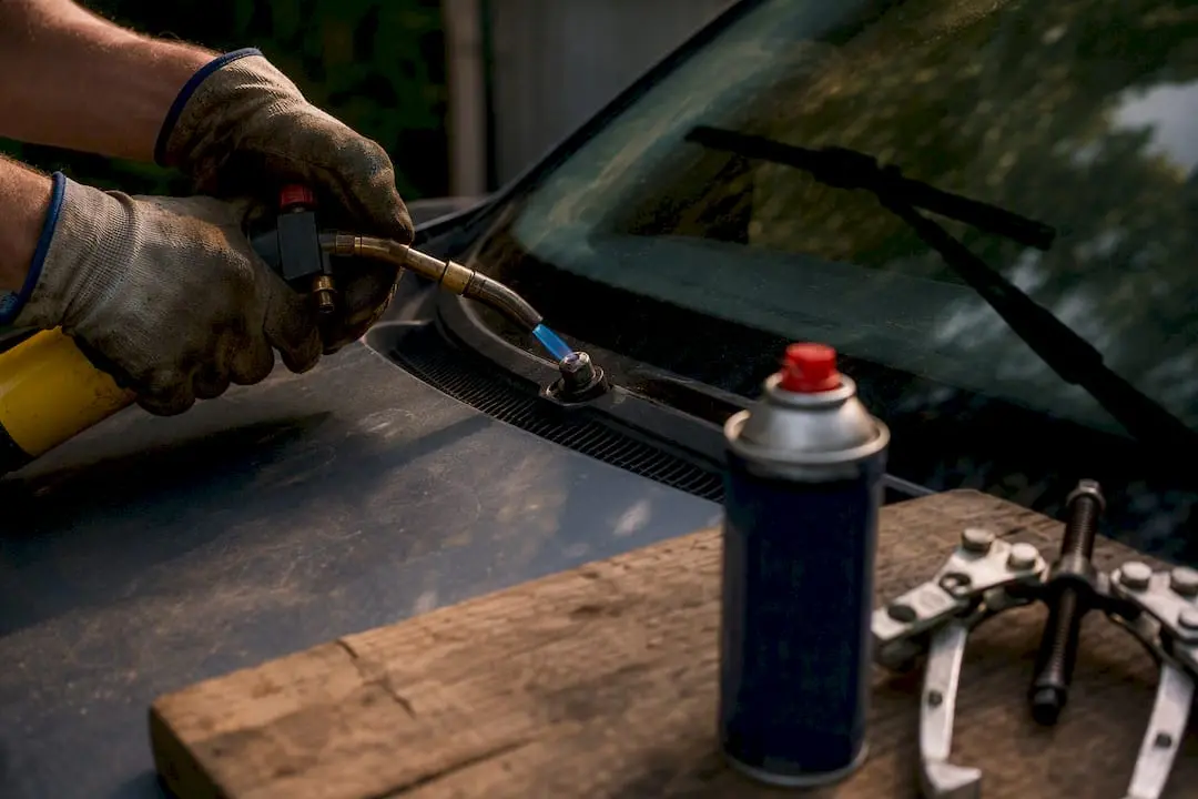 Hands heating stuck wiper arm with torch