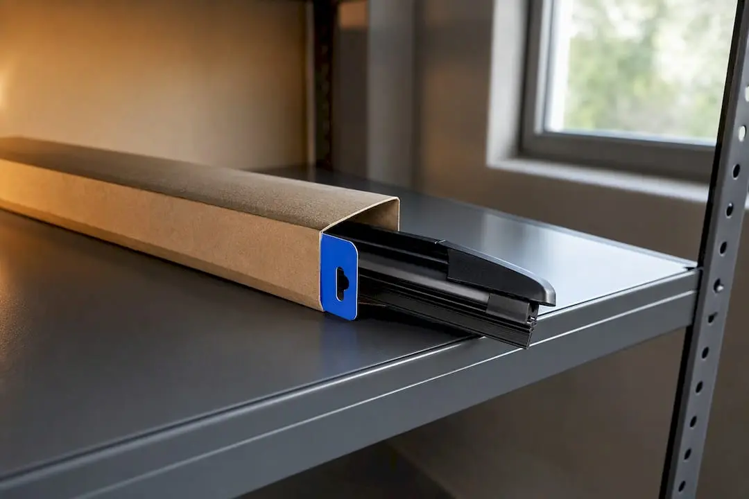 Spare wiper blade protected in storage packaging