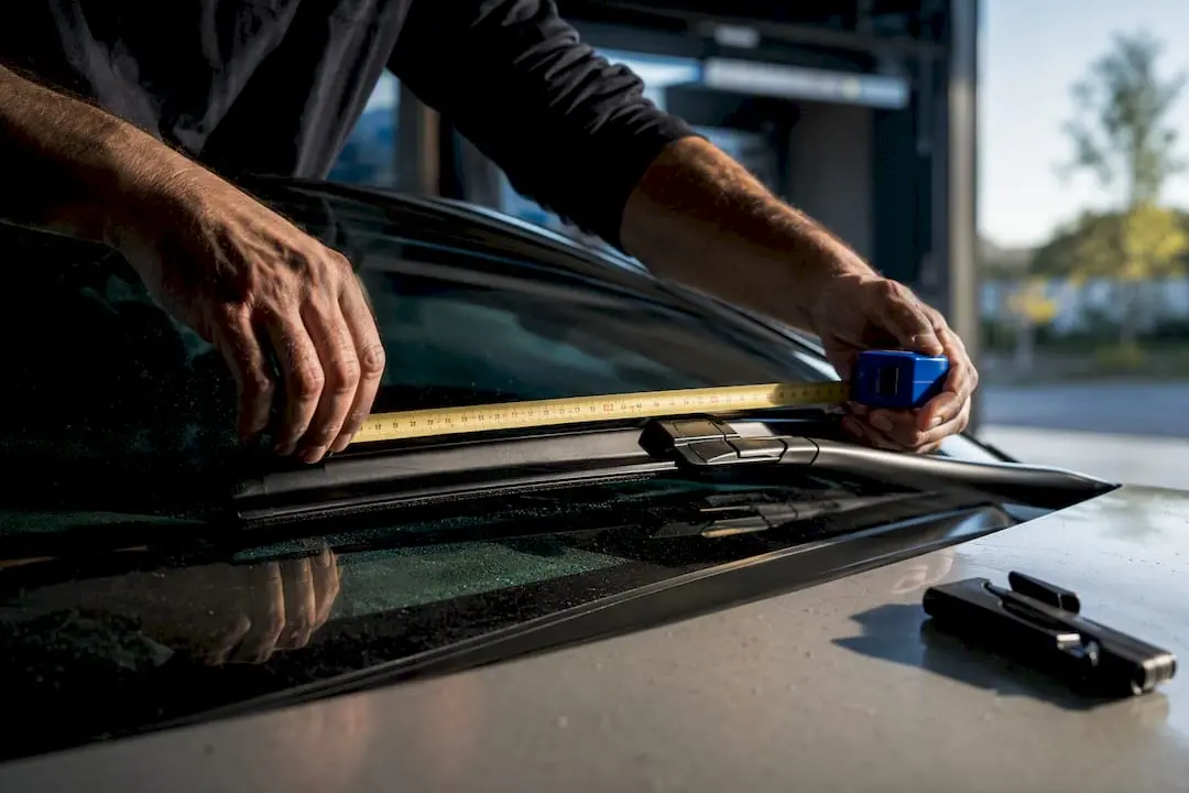Technician measuring an anonymous windscreen wiper blade
