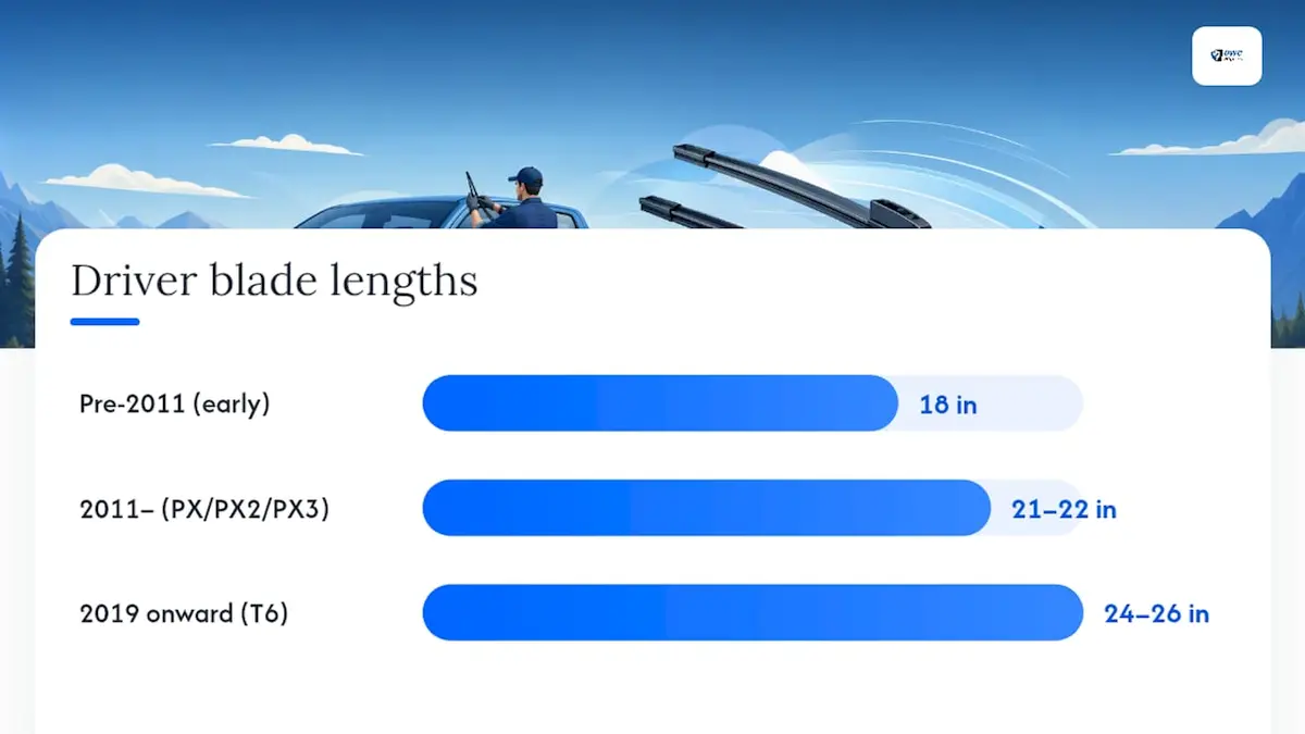Ford Ranger wiper blade sizes by model year — overview diagram