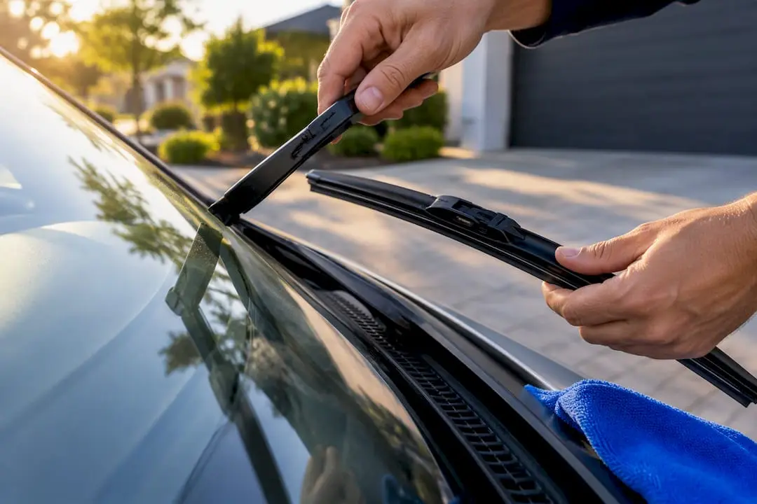 Hands aligning a windscreen wiper blade