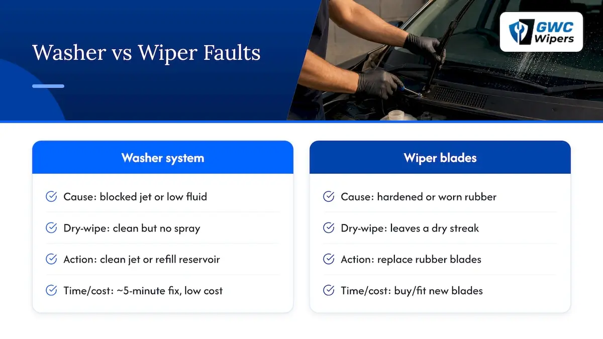 Washer fluid versus wiper blade fault comparison