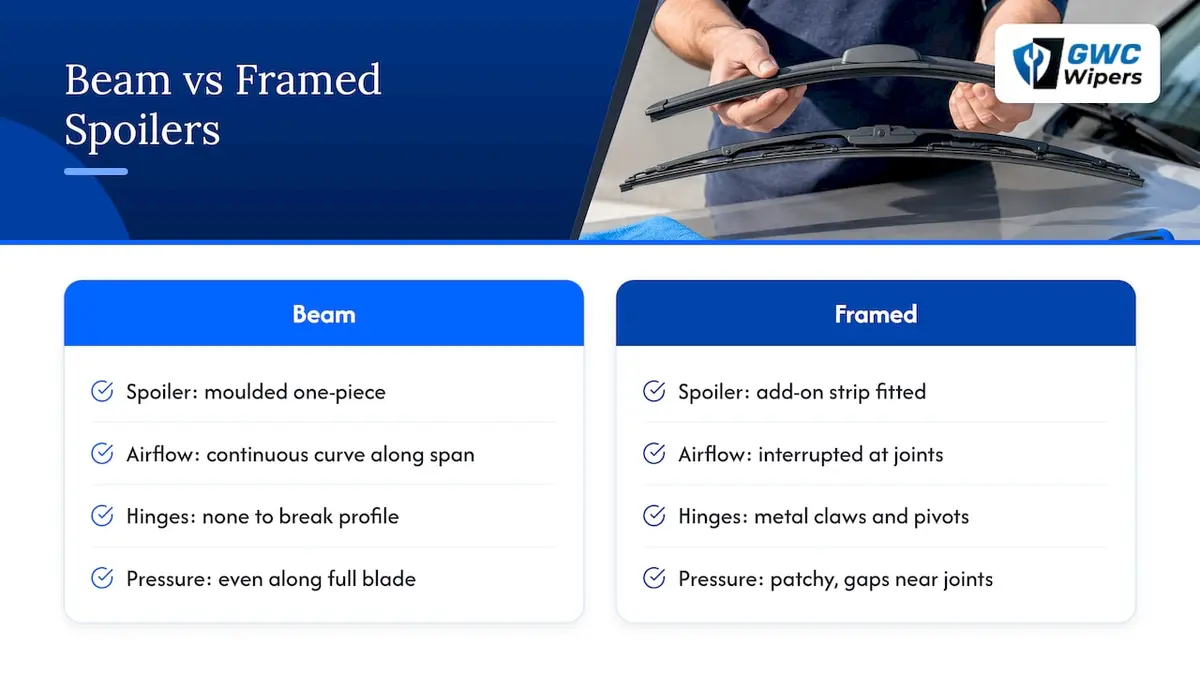 Beam and framed wiper spoiler comparison