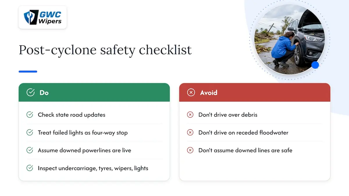 Post-cyclone road hazards and vehicle checks