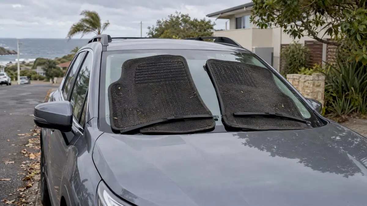 Floor mats secured over a car windscreen