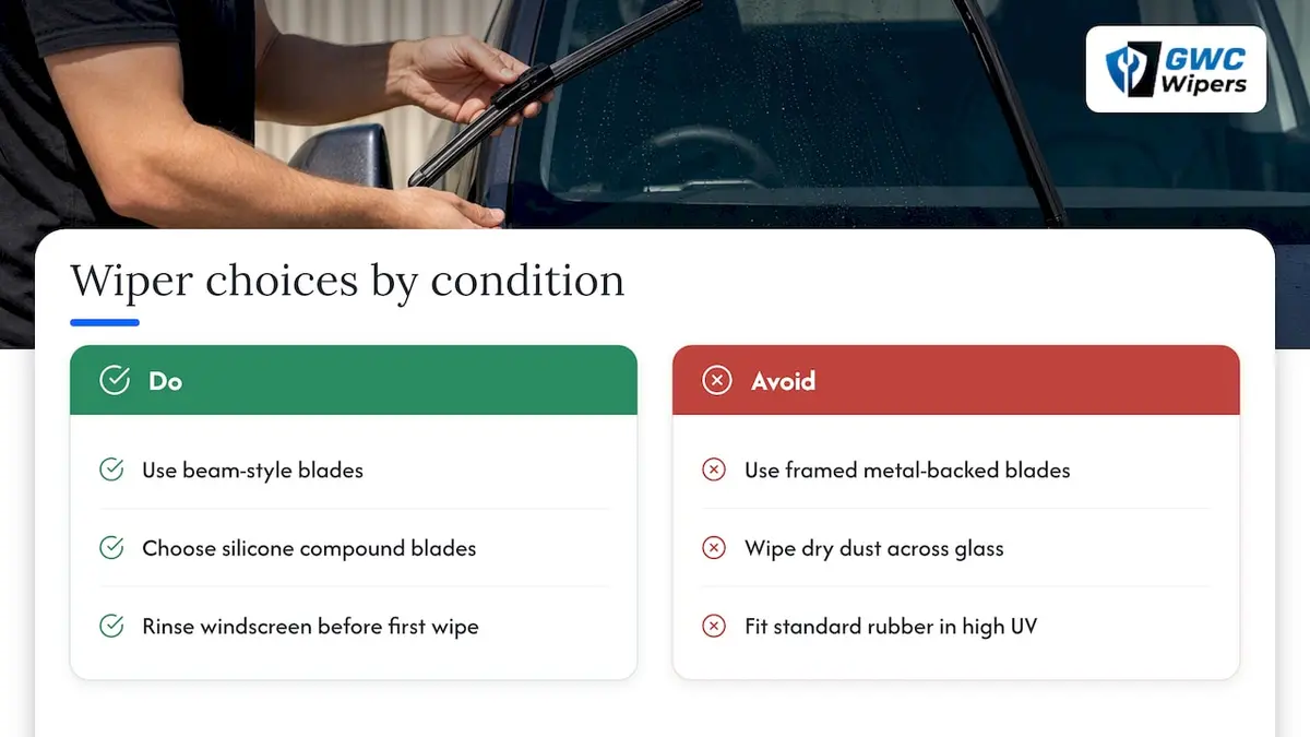 Wiper responses to rain heat and dust