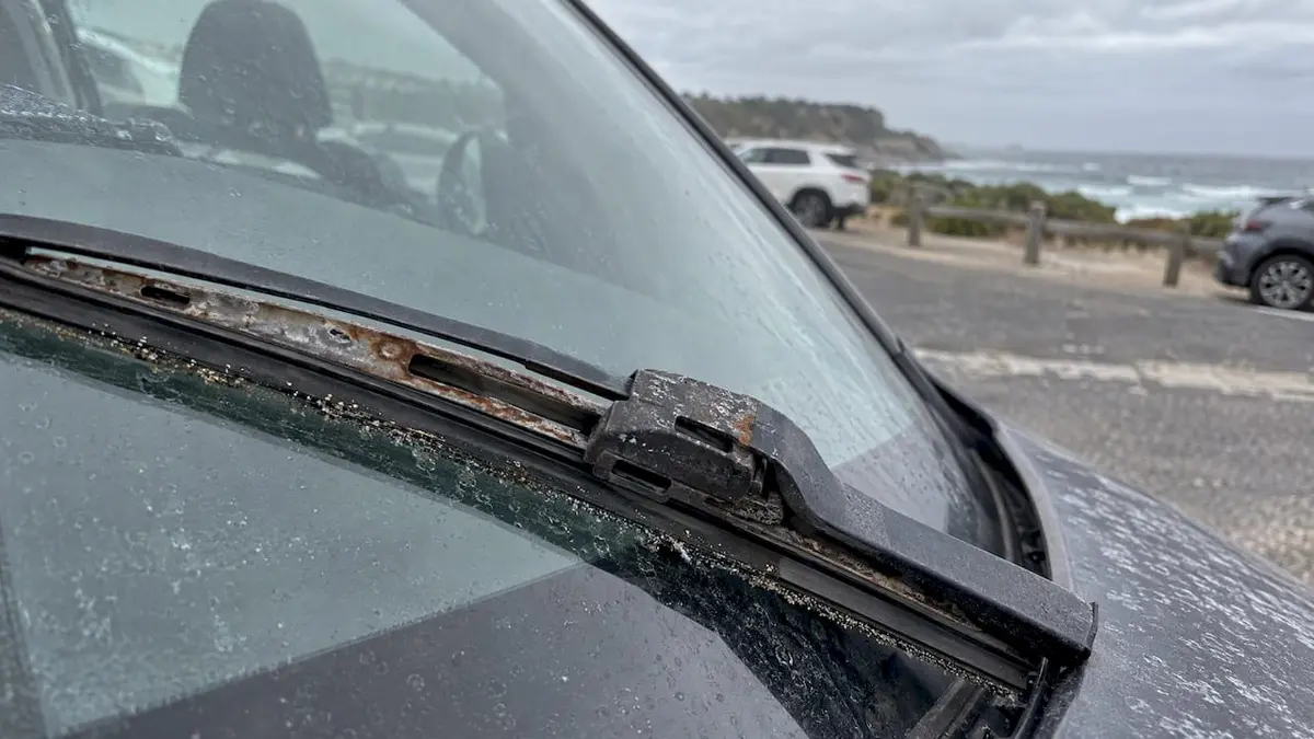 Salt residue and grit on an aging wiper blade