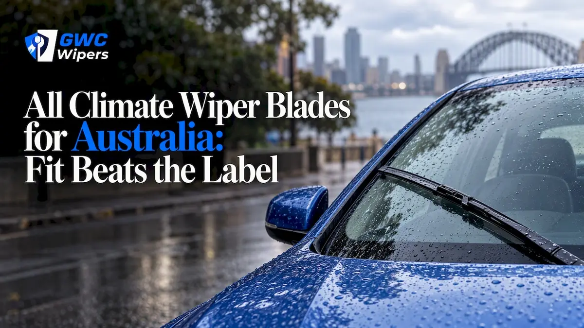 Fitted wiper blade across a wet car windscreen
