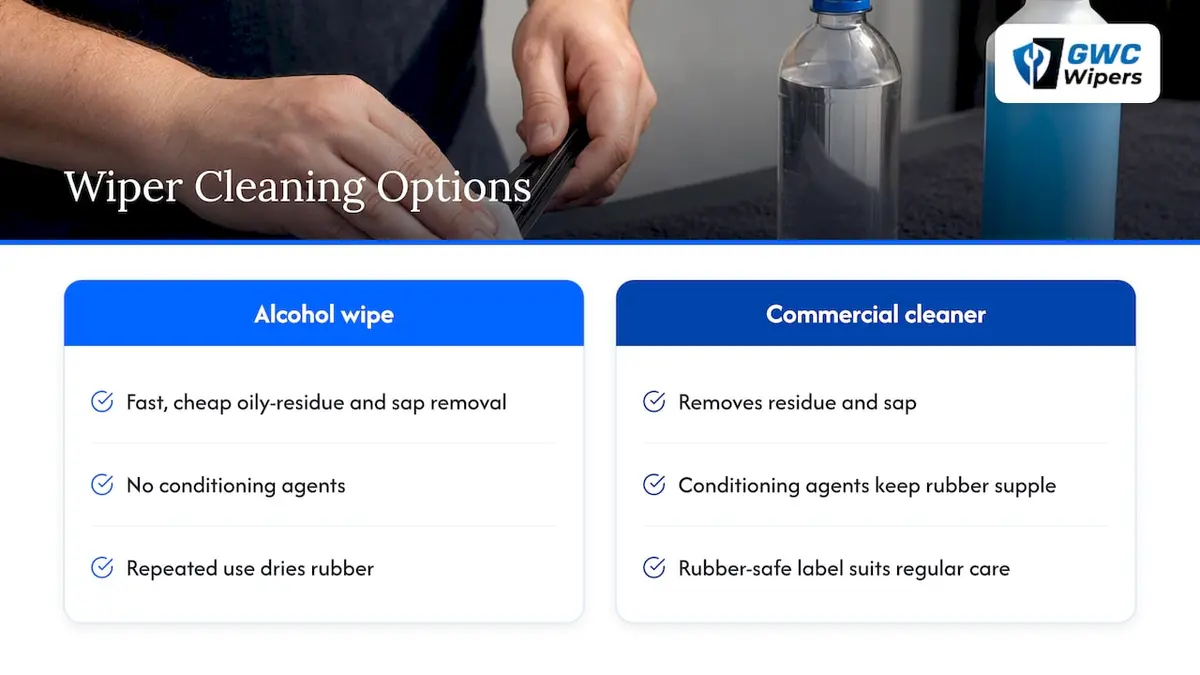 Alcohol cleaning versus commercial wiper blade cleaners — overview diagram