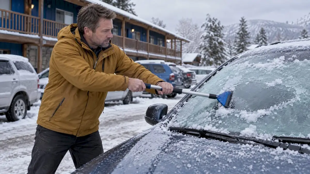 Driver scraping ice from an alpine car windscreen